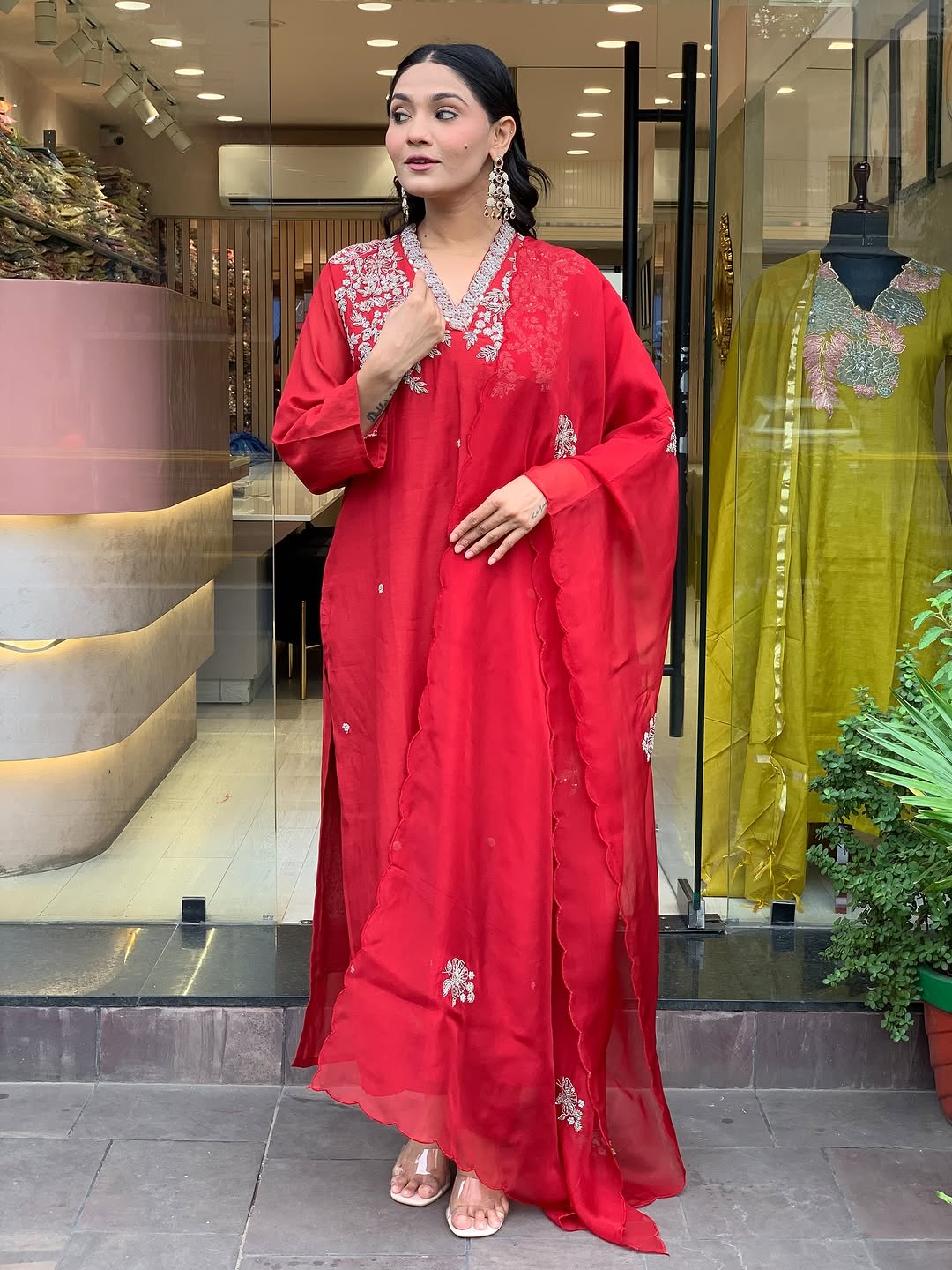 Red Embroidered Chanderi V-Neck Kurta Set with Pant & Dupatta