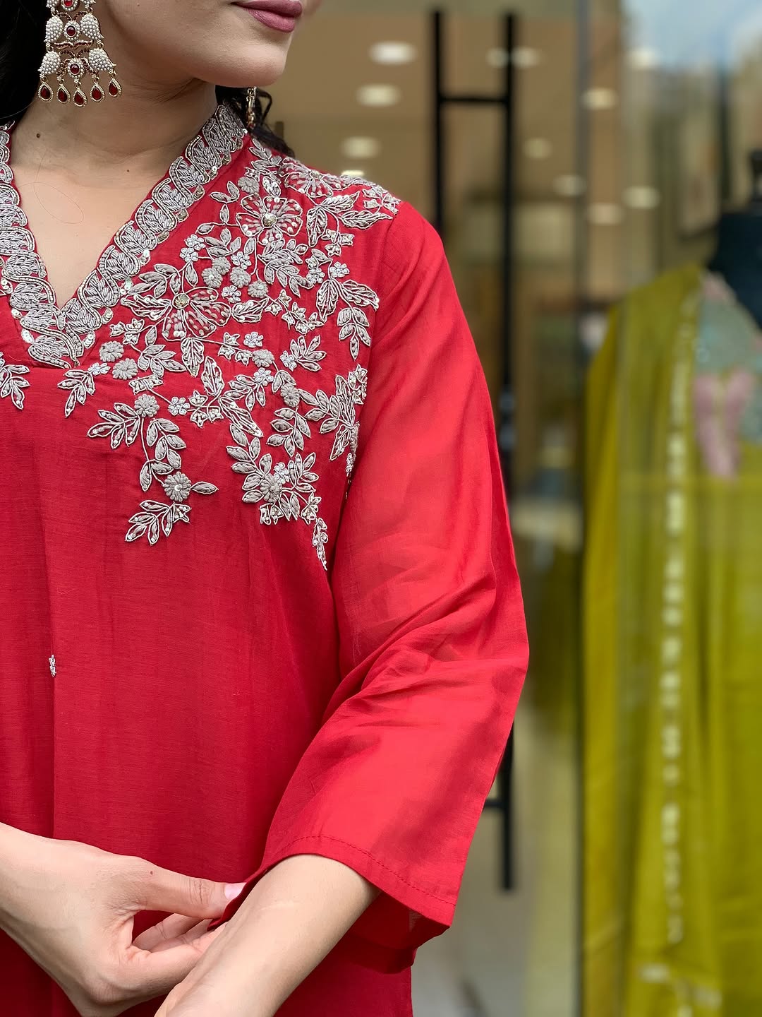 Red Embroidered Chanderi V-Neck Kurta Set with Pant &amp; Dupatta V-Neck Kurta Set Anant Tex Exports Pvt.Ltd..