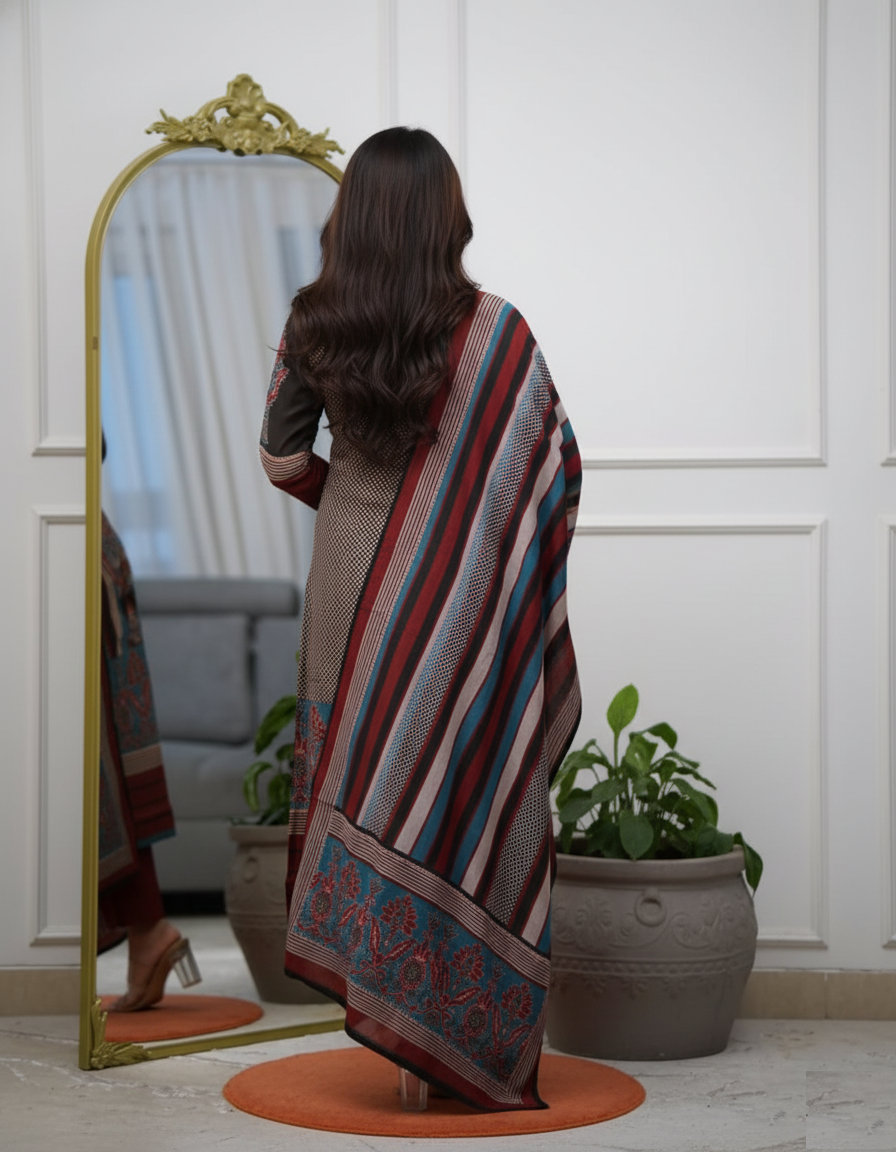 Multicolor Printed A-Line Kurta Set with Pant & Mul Cotton Dupatta