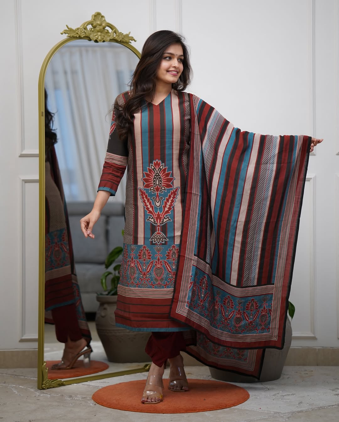 Multicolor Printed A-Line Kurta Set with Pant &amp; Mul Cotton Dupatta A-Line Kurta Set Anant Tex Exports Pvt.Ltd..