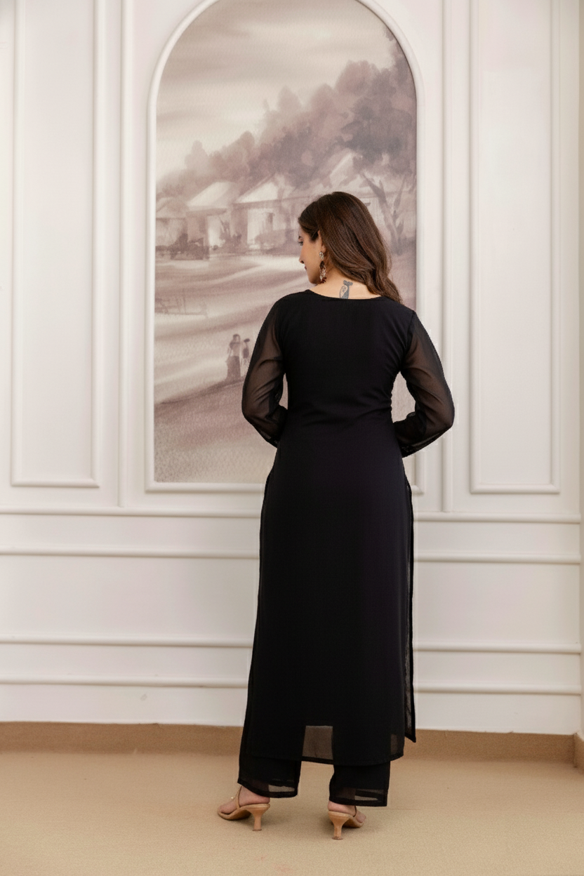 Black Embroidered Georgette Kurta Pant Set with Dupatta