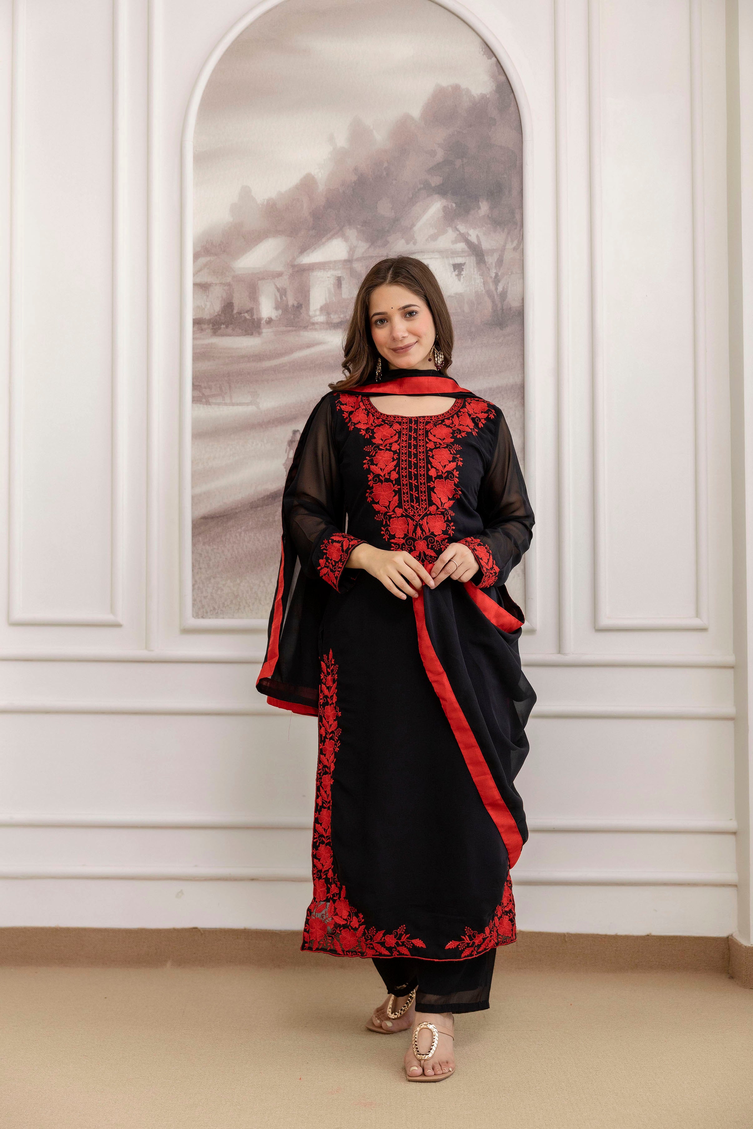 Black Embroidered Georgette Kurta Pant Set with Dupatta