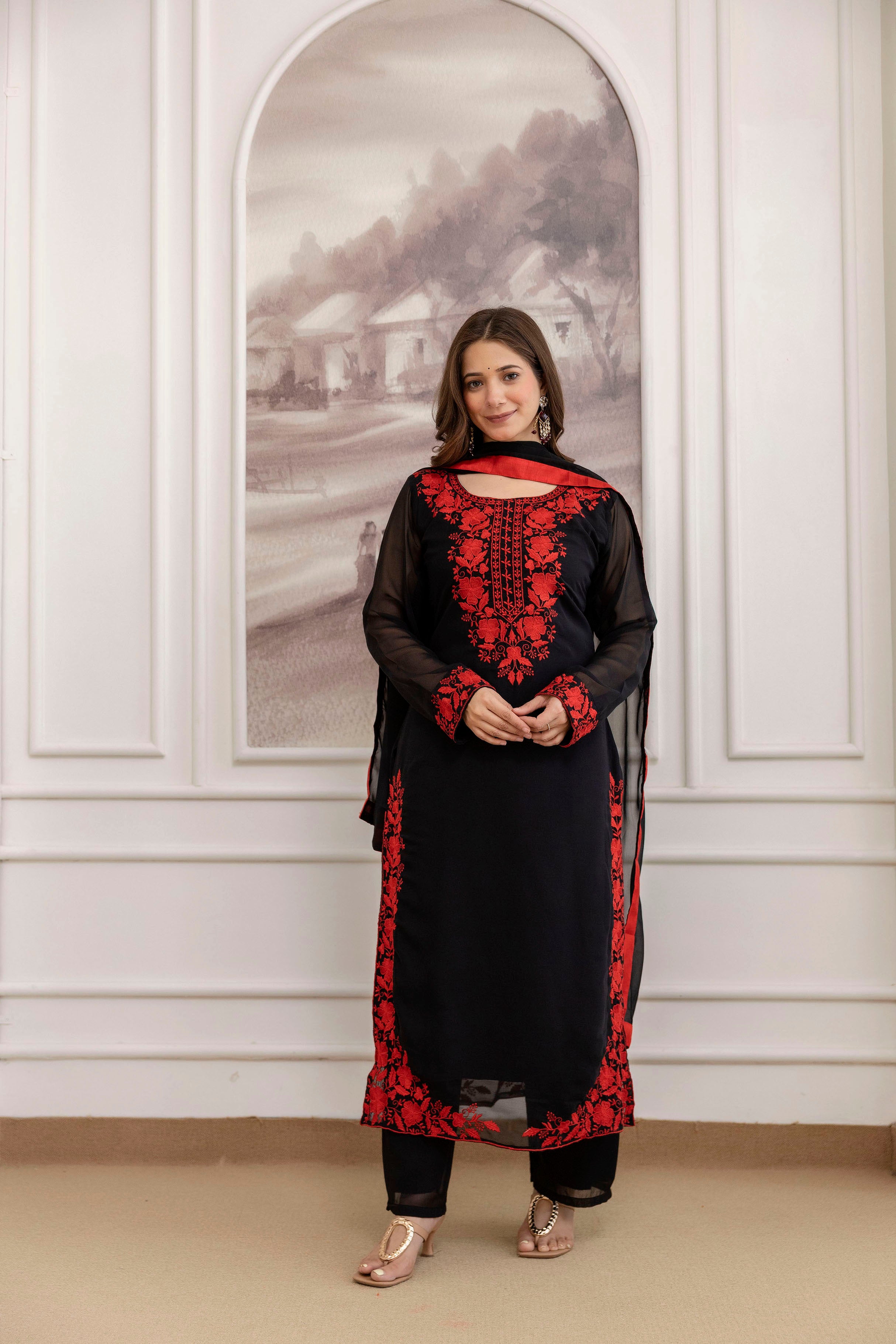 Black Embroidered Georgette Kurta Pant Set with Dupatta