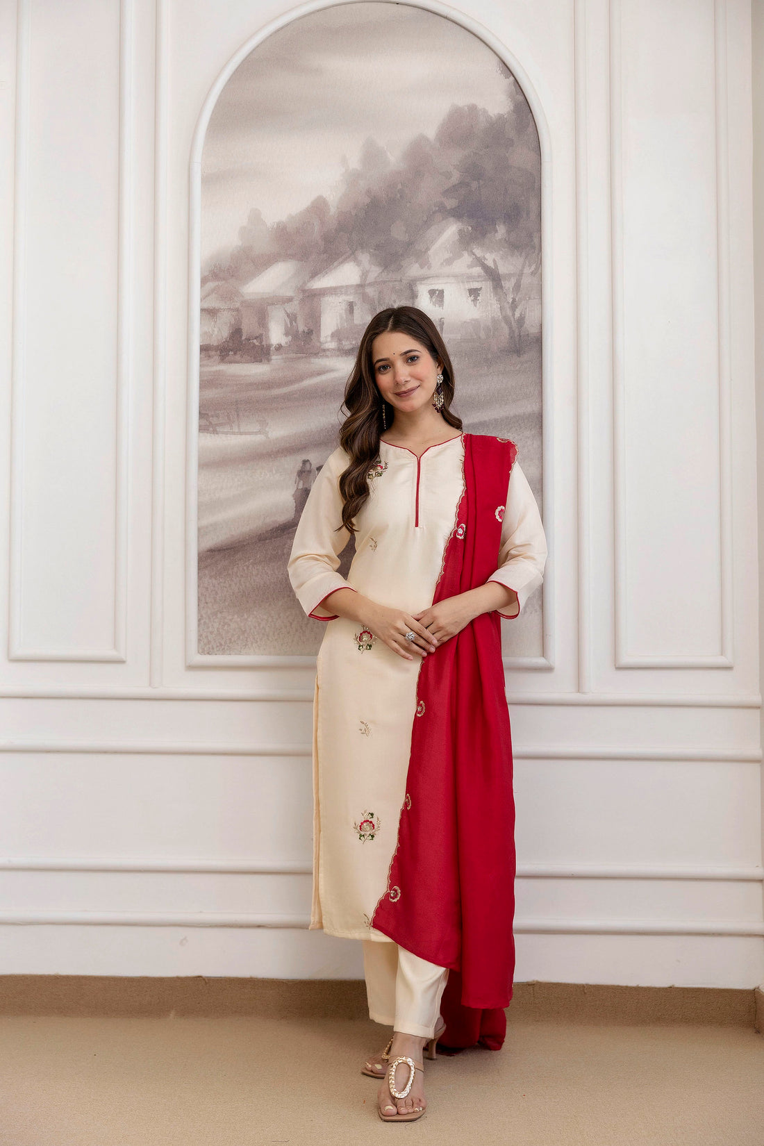 Cream Embroidered Chanderi Kurta Set with Red Vichitra Dupatta &amp; Pant Chanderi Kurta Set Anant Tex Exports Pvt.Ltd..