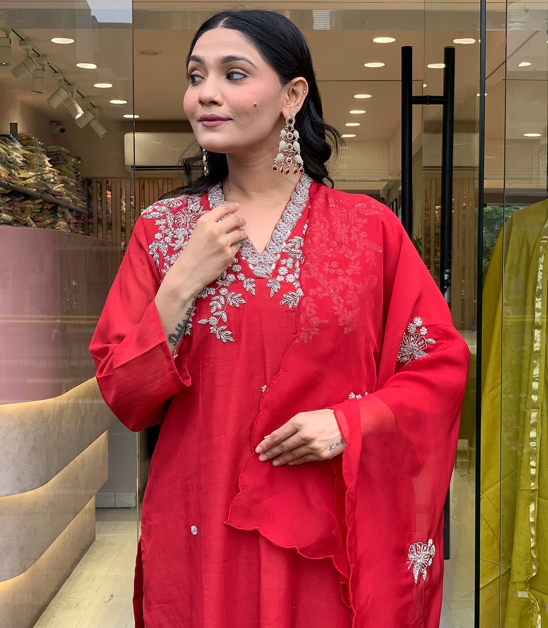 Red Embroidered Chanderi V-Neck Kurta Set with Pant & Dupatta