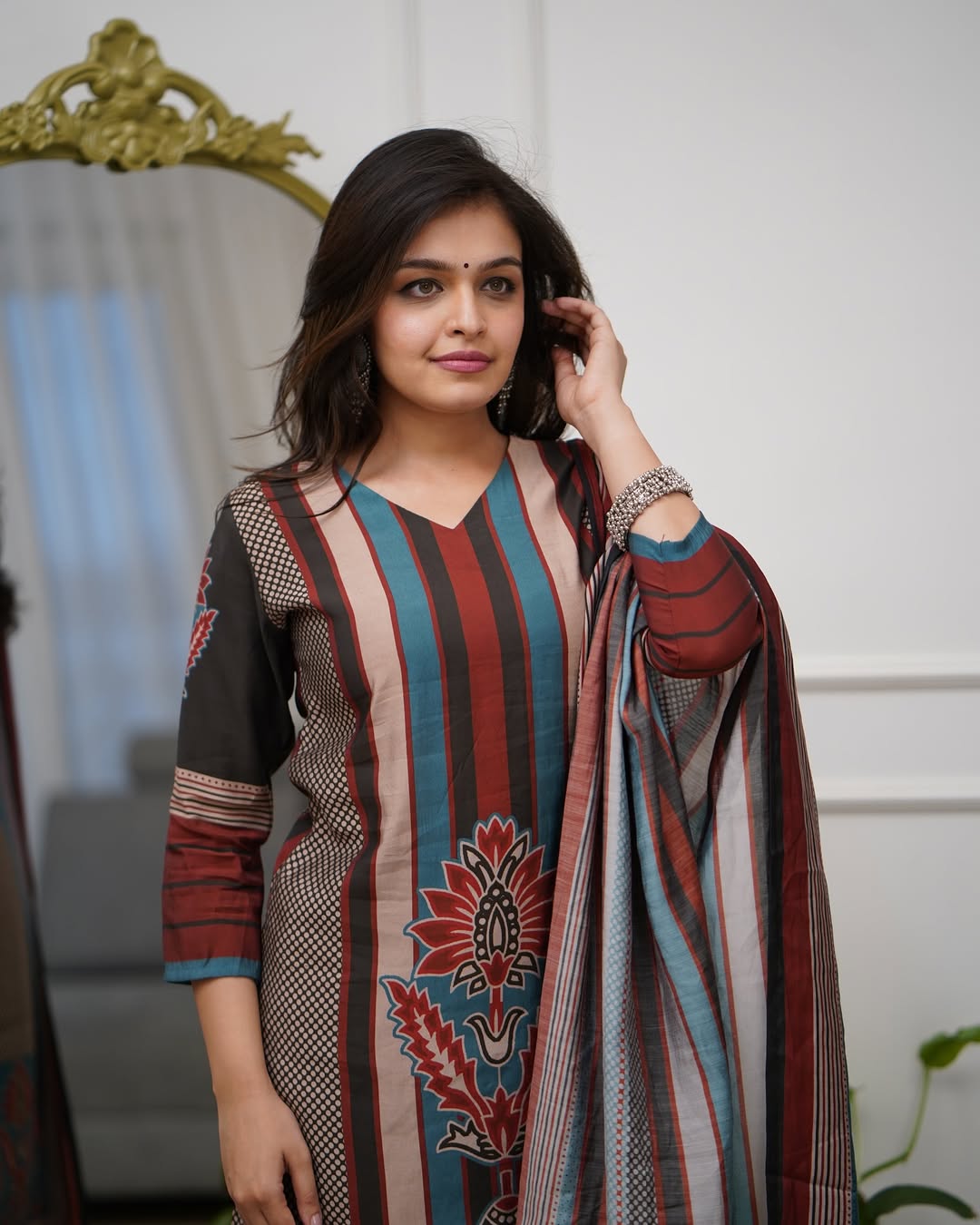Multicolor Printed A-Line Kurta Set with Pant & Mul Cotton Dupatta