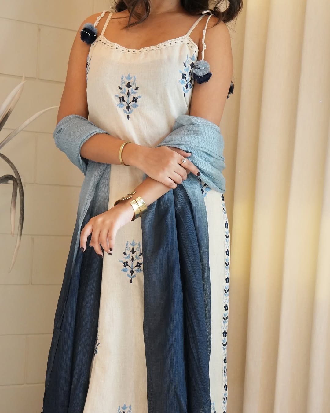 Off-White Cotton Flex Embroidered Kurti Pant Set with Kota Dupatta