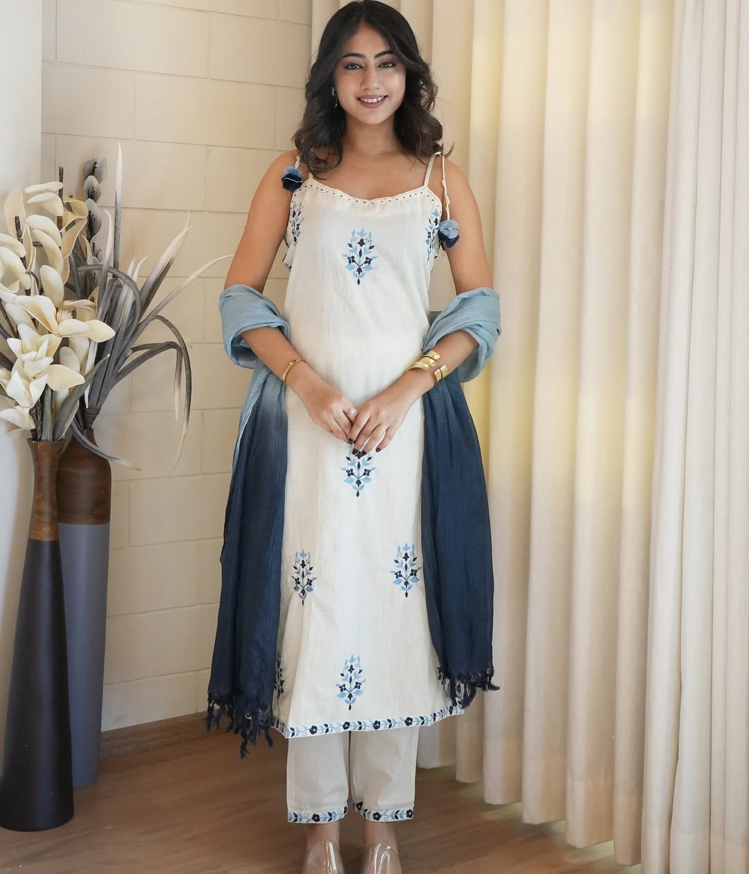 Off-White Cotton Flex Embroidered Kurti Pant Set with Kota Dupatta