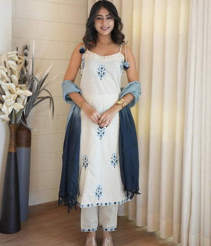 Off-White Cotton Flex Embroidered Kurti Pant Set with Kota Dupatta Kurti Pant Set Anant Tex Exports Pvt.Ltd..