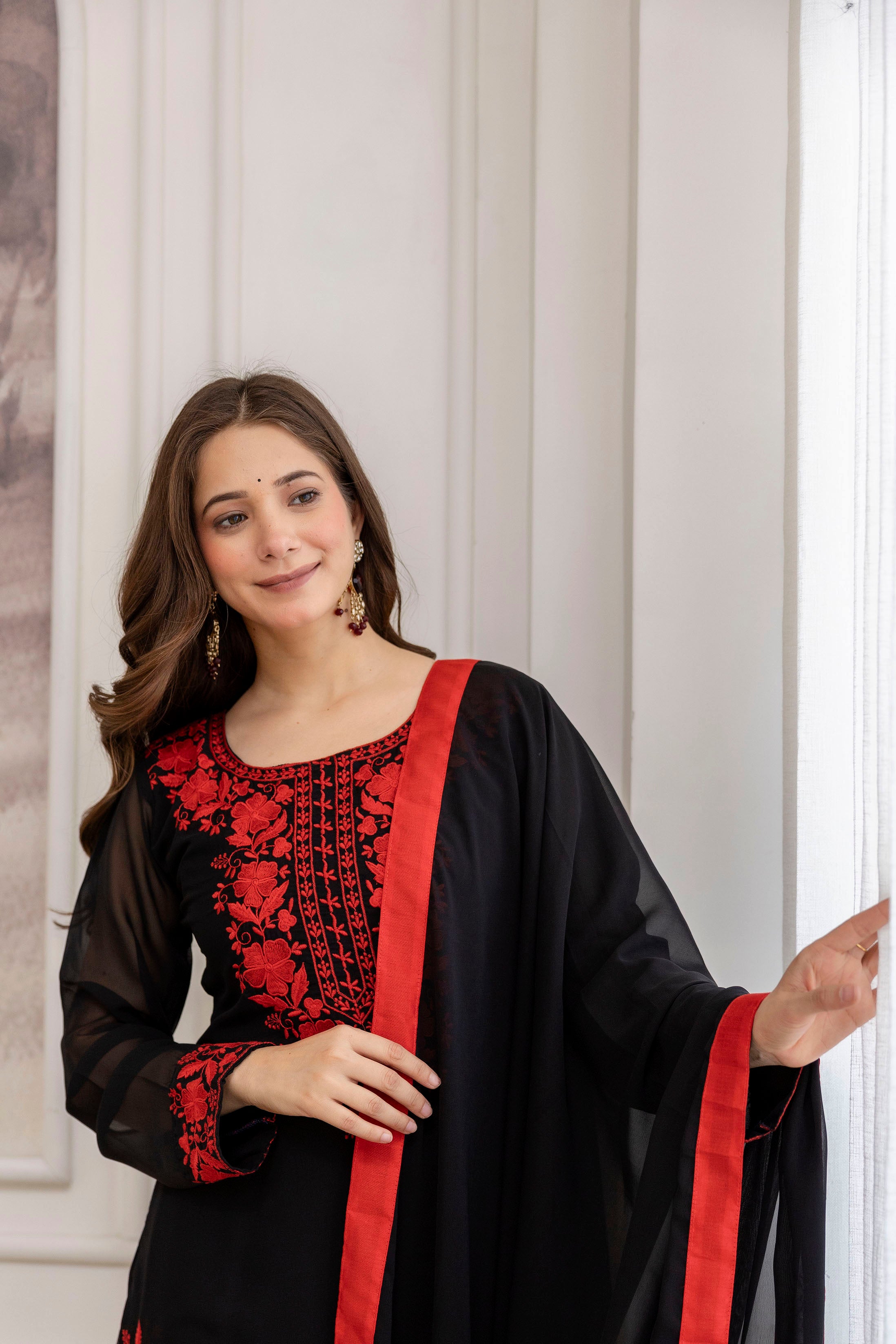 Black Embroidered Georgette Kurta Pant Set with Dupatta Kurta Pant Set Anant Tex Exports Pvt.Ltd..