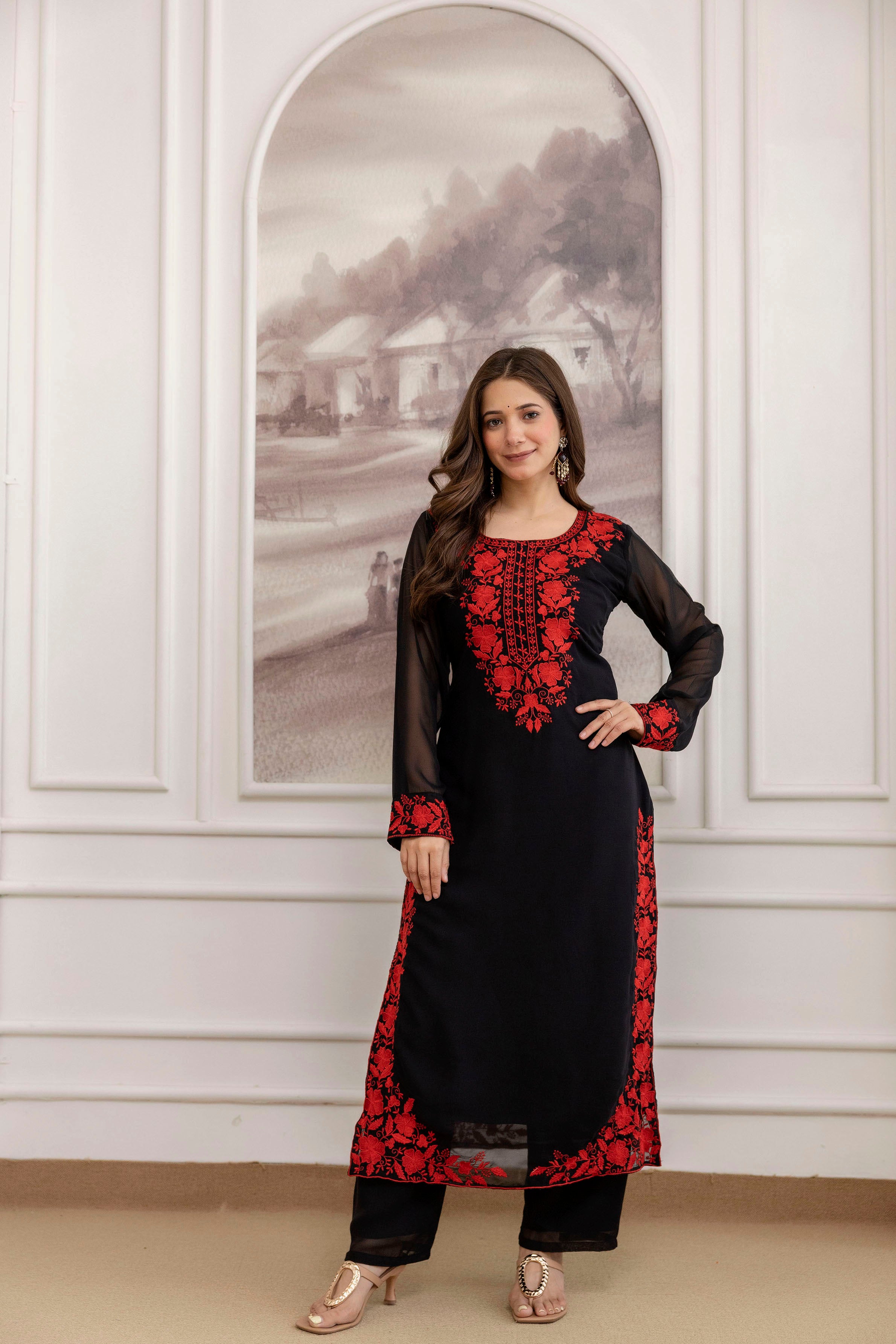 Black Embroidered Georgette Kurta Pant Set with Dupatta Black / L-40