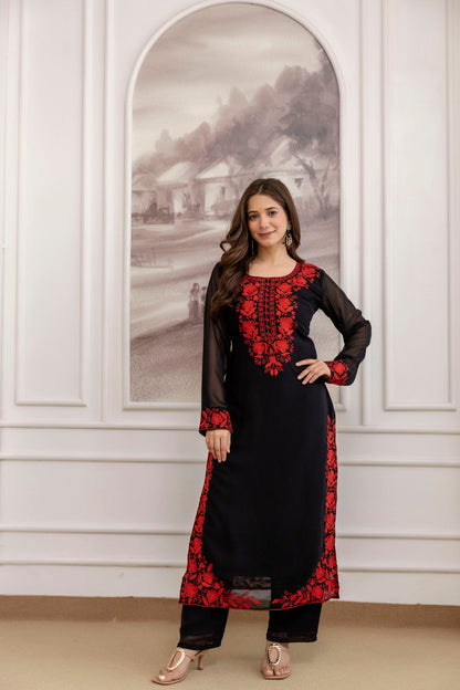 Black Embroidered Georgette Kurta Pant Set with Dupatta Kurta Pant Set Anant Tex Exports Pvt.Ltd..