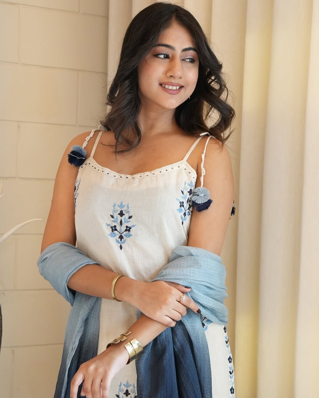 Off-White Cotton Flex Embroidered Kurti Pant Set with Kota Dupatta