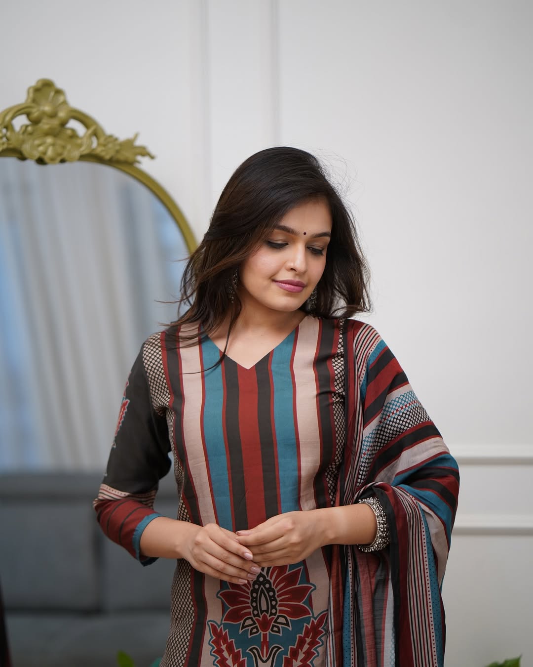 Multicolor Printed A-Line Kurta Set with Pant & Mul Cotton Dupatta