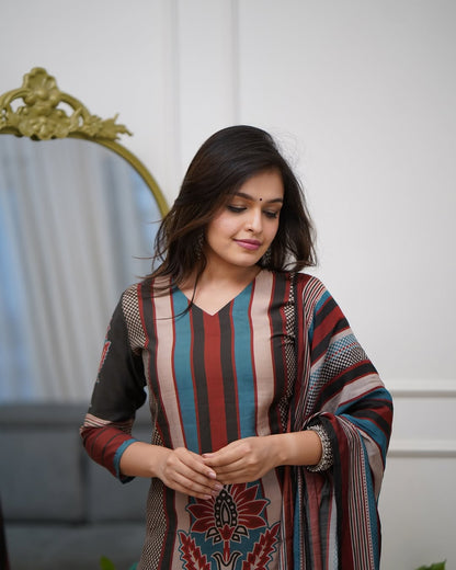 Multicolor Printed A-Line Kurta Set with Pant &amp; Mul Cotton Dupatta A-Line Kurta Set Anant Tex Exports Pvt.Ltd..