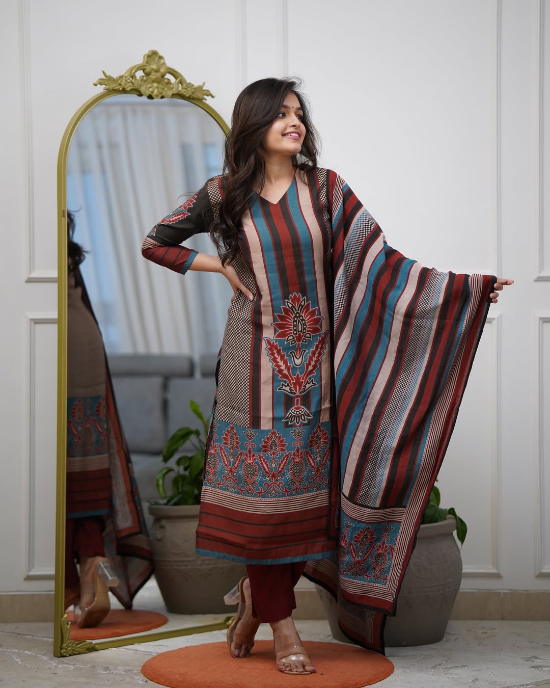 Multicolor Printed A-Line Kurta Set with Pant &amp; Mul Cotton Dupatta A-Line Kurta Set Anant Tex Exports Pvt.Ltd..
