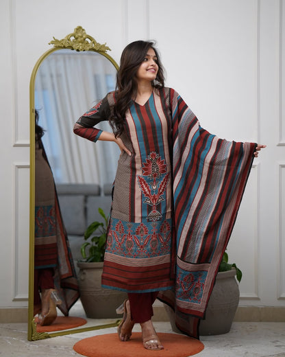 Multicolor Printed A-Line Kurta Set with Pant &amp; Mul Cotton Dupatta A-Line Kurta Set Anant Tex Exports Pvt.Ltd..
