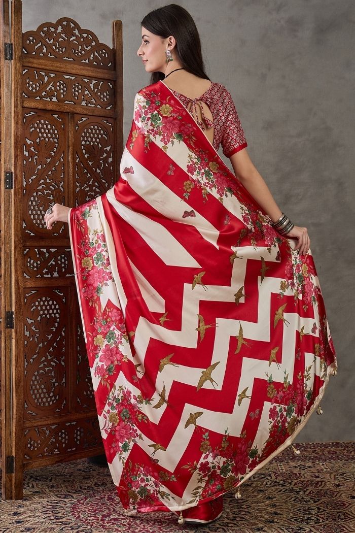Red &amp; Ivory Semi Modal Floral Printed Party Wear Saree with Blouse 