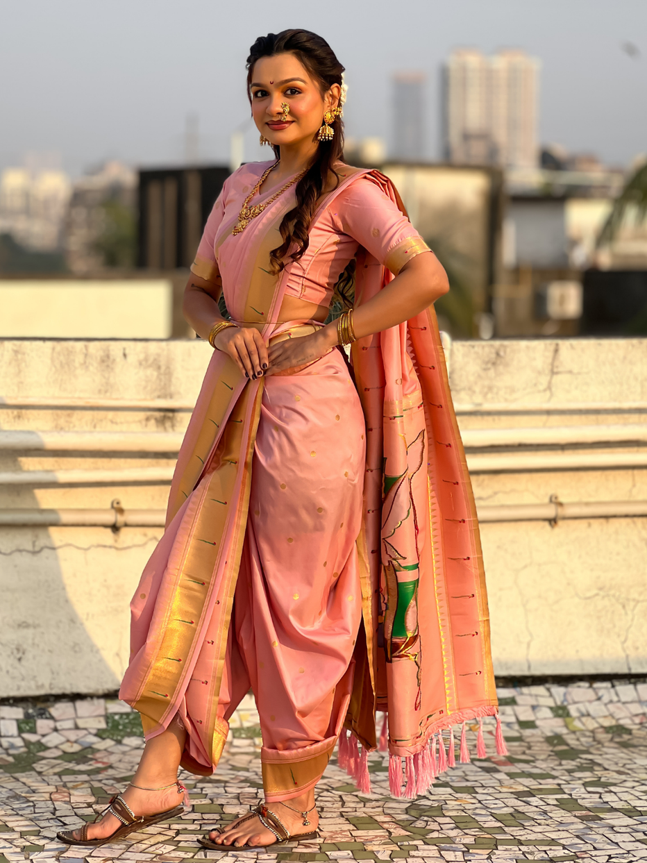 Baby Pink Wedding Special Nauvari Paithani Soft Silk Saree ##color## Paithani Saree with premium fabric and embroidery