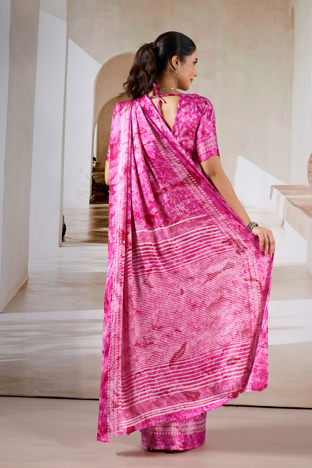 Pink Modal Satin Hand Prism Print Saree ##color## Japan Satin Saree with premium fabric and embroidery