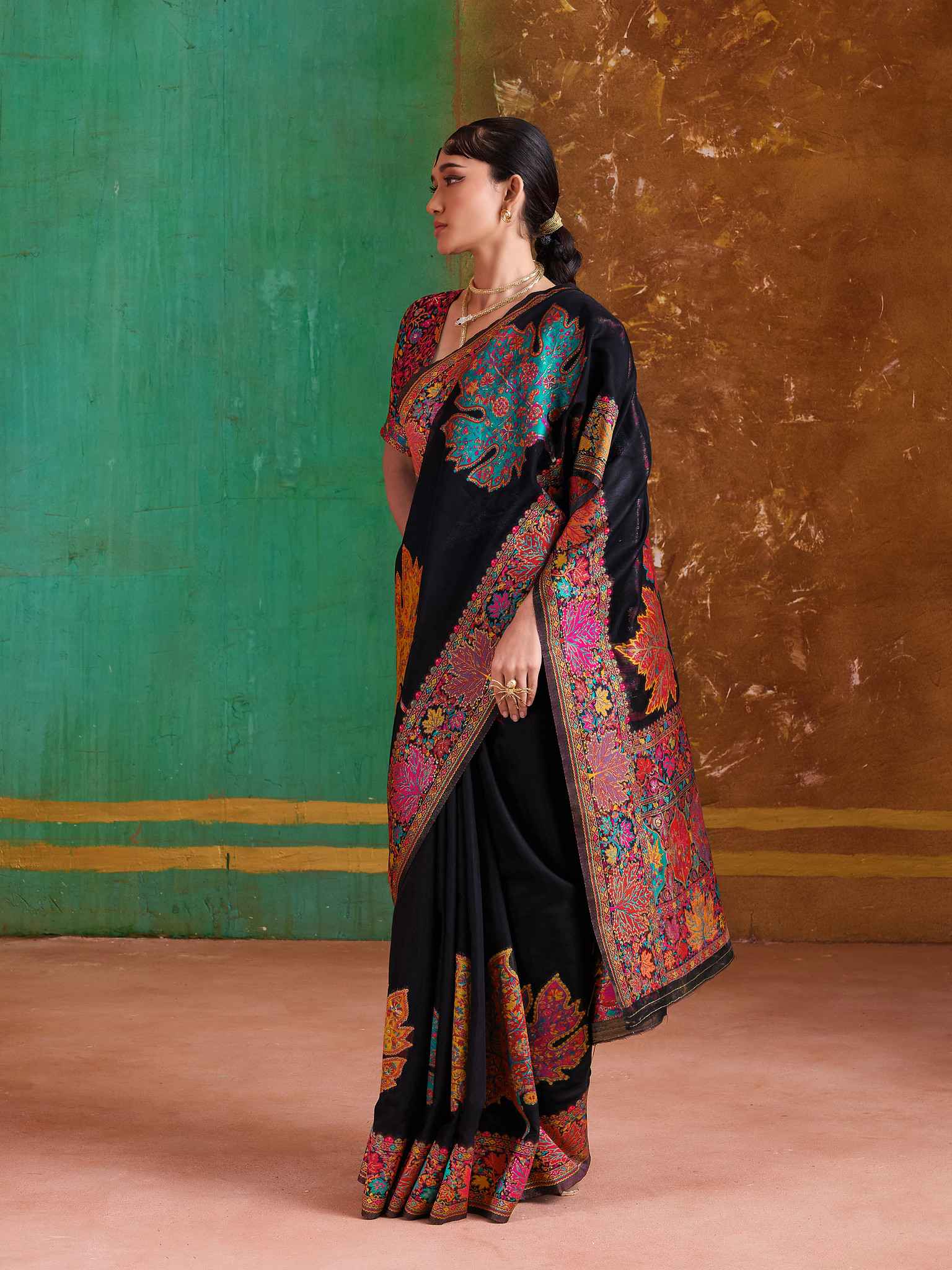 Black Pure Kashmiri Modal Cotton Pashmina Weaving Saree