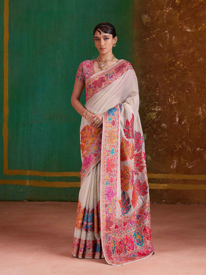Off White Pure Kashmiri  Modal Cotton Pashmina Weaving Saree Kashmiri Pashmina Saree Anant Tex Exports Pvt.Ltd..