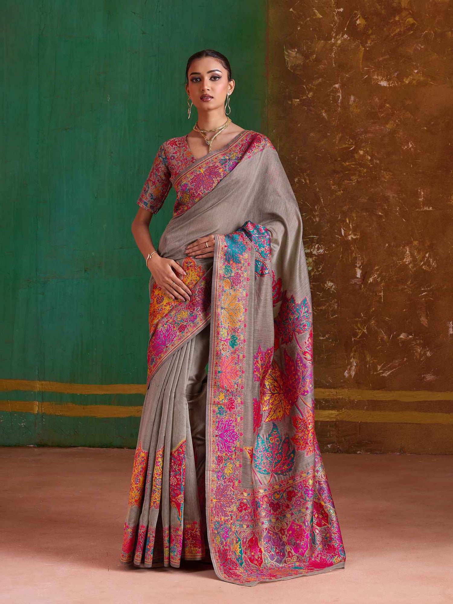 Beige Pure Kashmiri Modal Cotton Pashmina Weaving Saree Kashmiri Pashmina Saree Anant Tex Exports Pvt.Ltd..