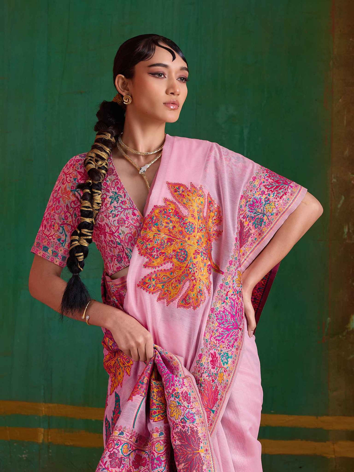 Pink Pure Kashmiri Modal Cotton Pashmina Weaving Saree Kashmiri Pashmina Saree Anant Tex Exports Pvt.Ltd..