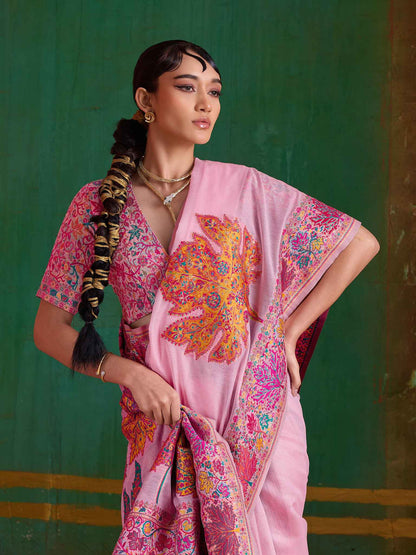 Pink Pure Kashmiri Modal Cotton Pashmina Weaving Saree Kashmiri Pashmina Saree Anant Tex Exports Pvt.Ltd..