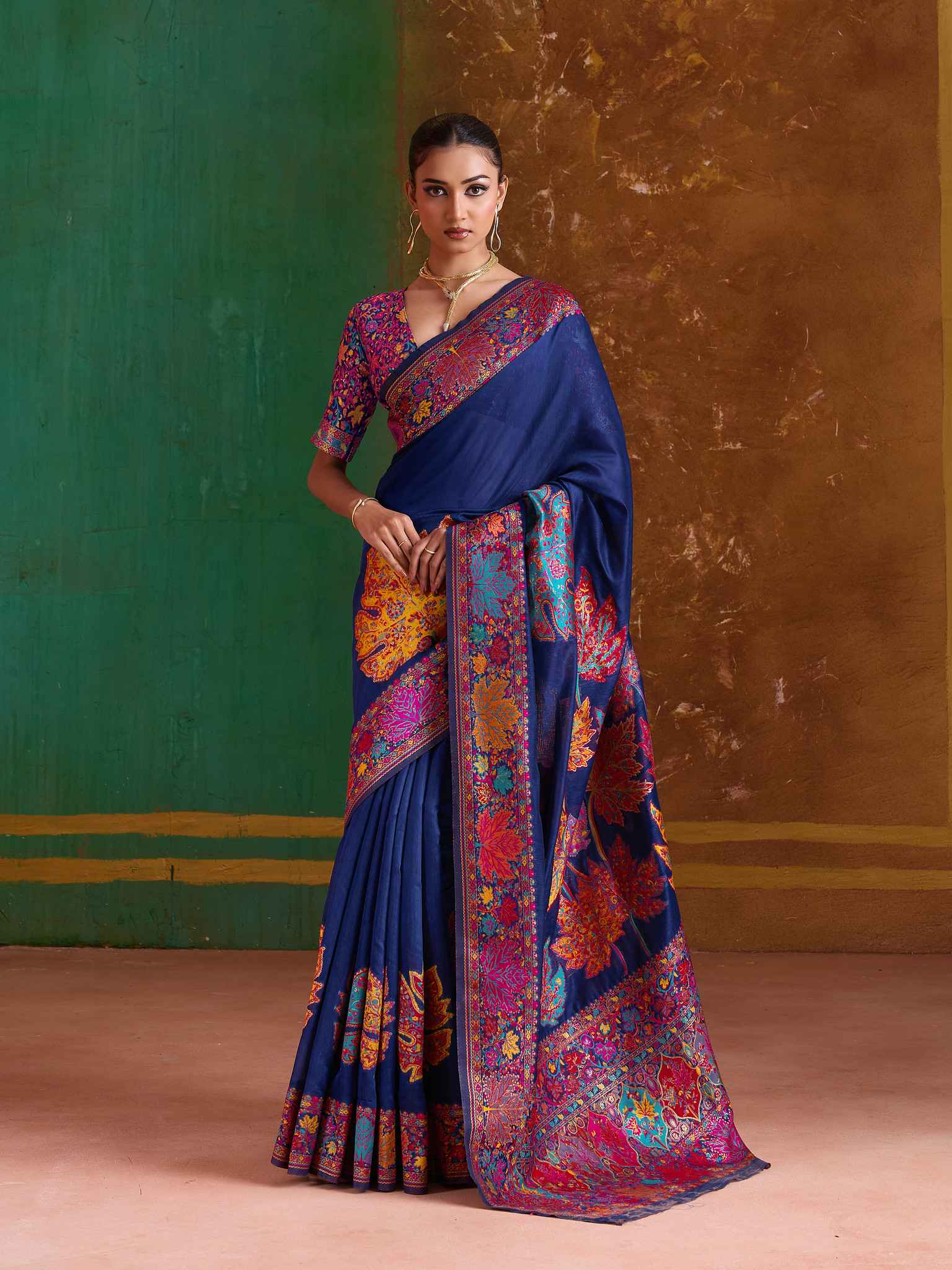 Navy Blue Pure Kashmiri Modal Cotton Pashmina Weaving Saree