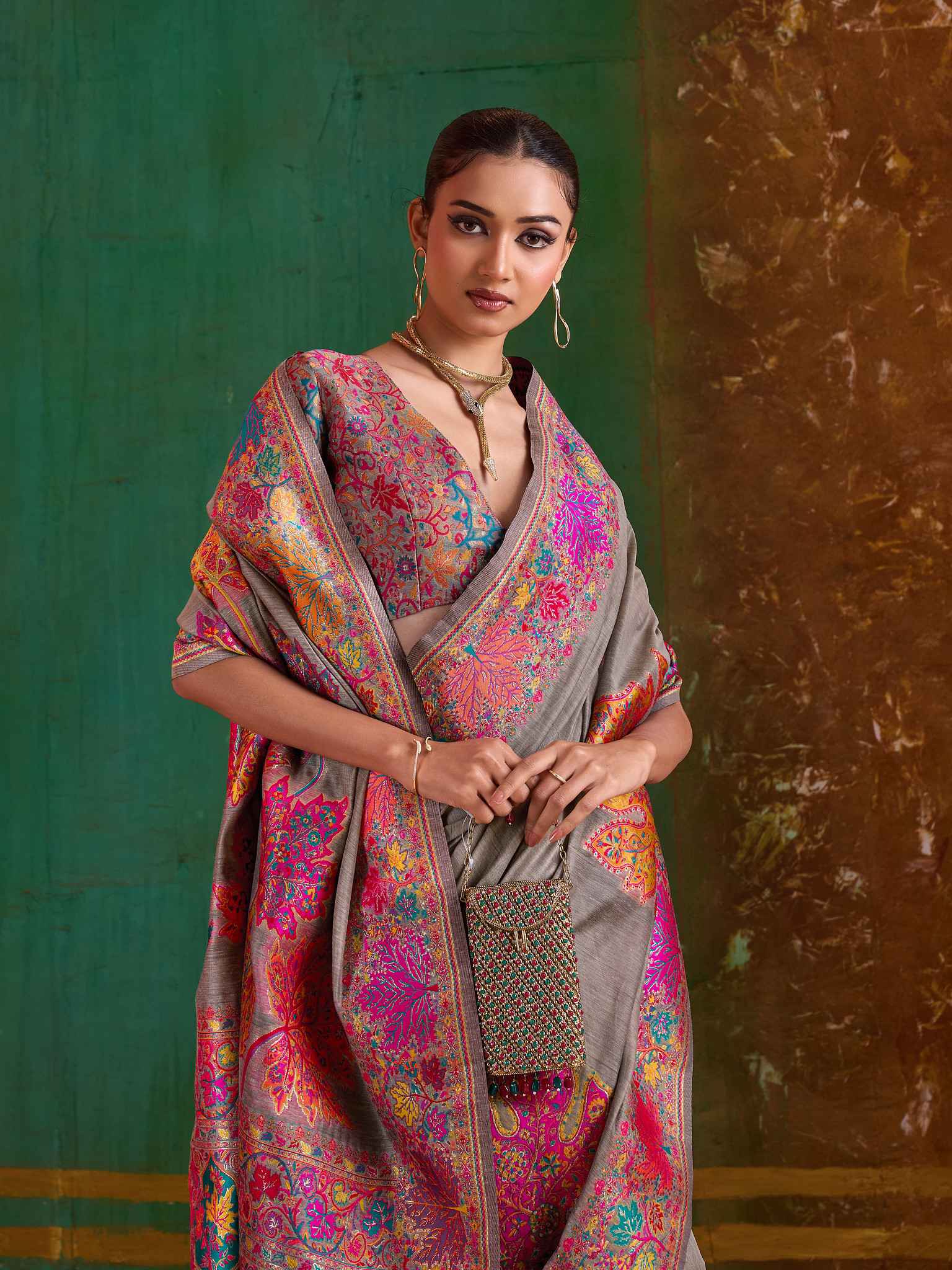 Beige Pure Kashmiri Modal Cotton Pashmina Weaving Saree Kashmiri Pashmina Saree Anant Tex Exports Pvt.Ltd..