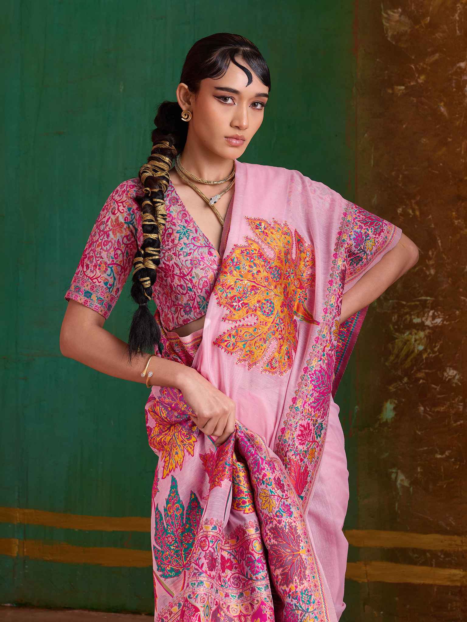 Pink Pure Kashmiri Modal Cotton Pashmina Weaving Saree Kashmiri Pashmina Saree Anant Tex Exports Pvt.Ltd..