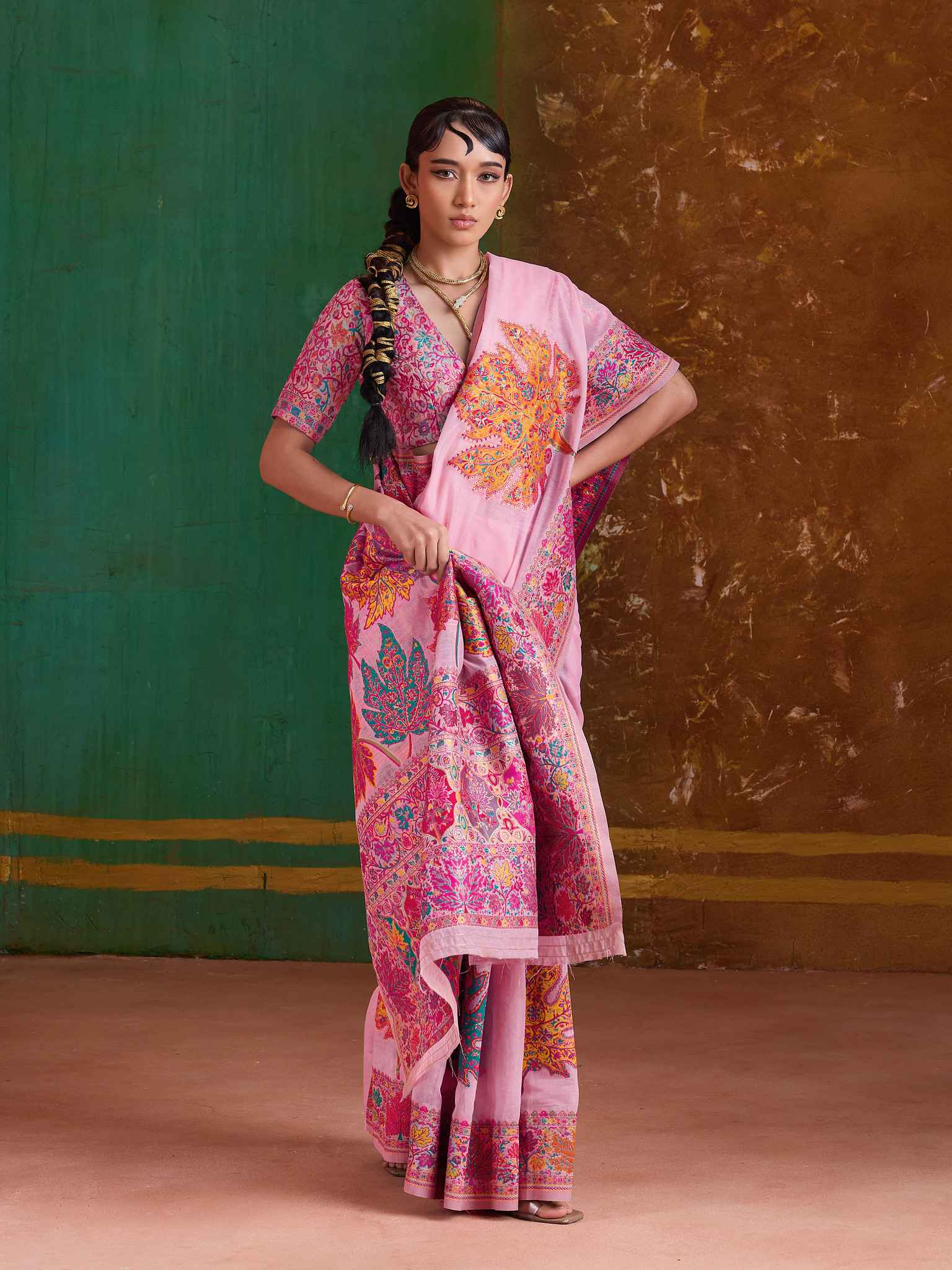 Pink Pure Kashmiri Modal Cotton Pashmina Weaving Saree