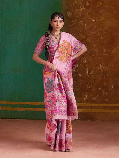Pink Pure Kashmiri Modal Cotton Pashmina Weaving Saree Kashmiri Pashmina Saree Anant Tex Exports Pvt.Ltd..