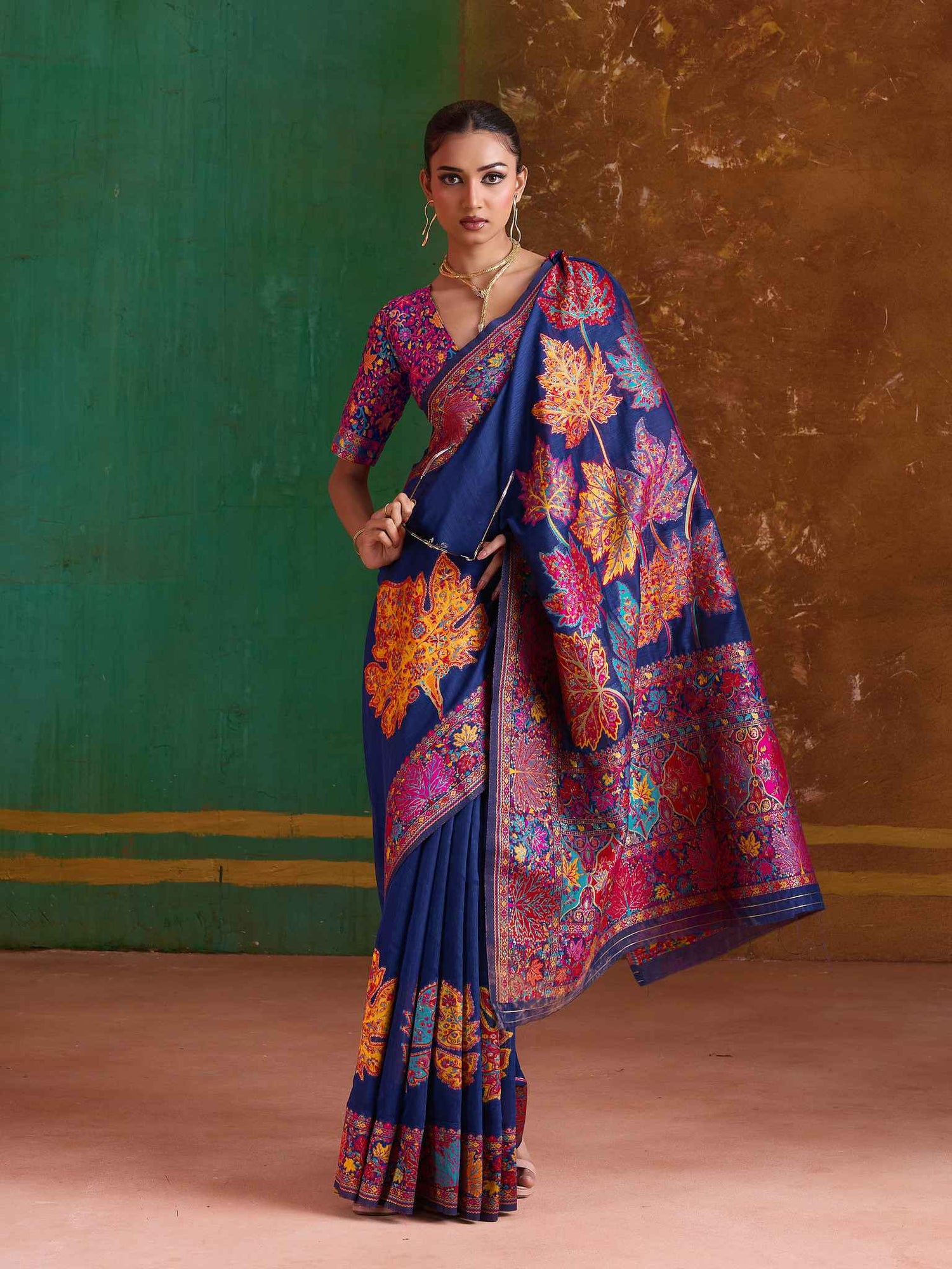 Navy Blue Pure Kashmiri Modal Cotton Pashmina Weaving Saree Kashmiri Pashmina Saree Anant Tex Exports Pvt.Ltd..