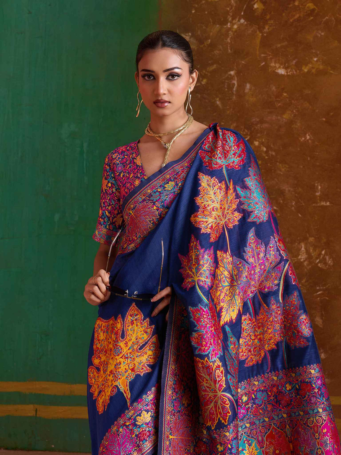 Navy Blue Pure Kashmiri Modal Cotton Pashmina Weaving Saree Kashmiri Pashmina Saree Anant Tex Exports Pvt.Ltd..