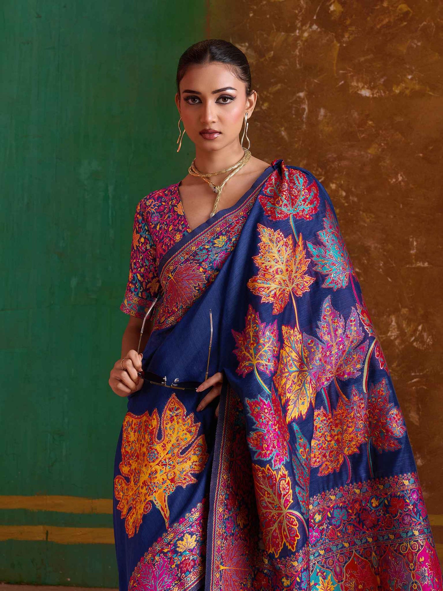 Navy Blue Pure Kashmiri Modal Cotton Pashmina Weaving Saree Kashmiri Pashmina Saree Anant Tex Exports Pvt.Ltd..