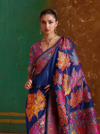 Navy Blue Pure Kashmiri Modal Cotton Pashmina Weaving Saree Kashmiri Pashmina Saree Anant Tex Exports Pvt.Ltd..