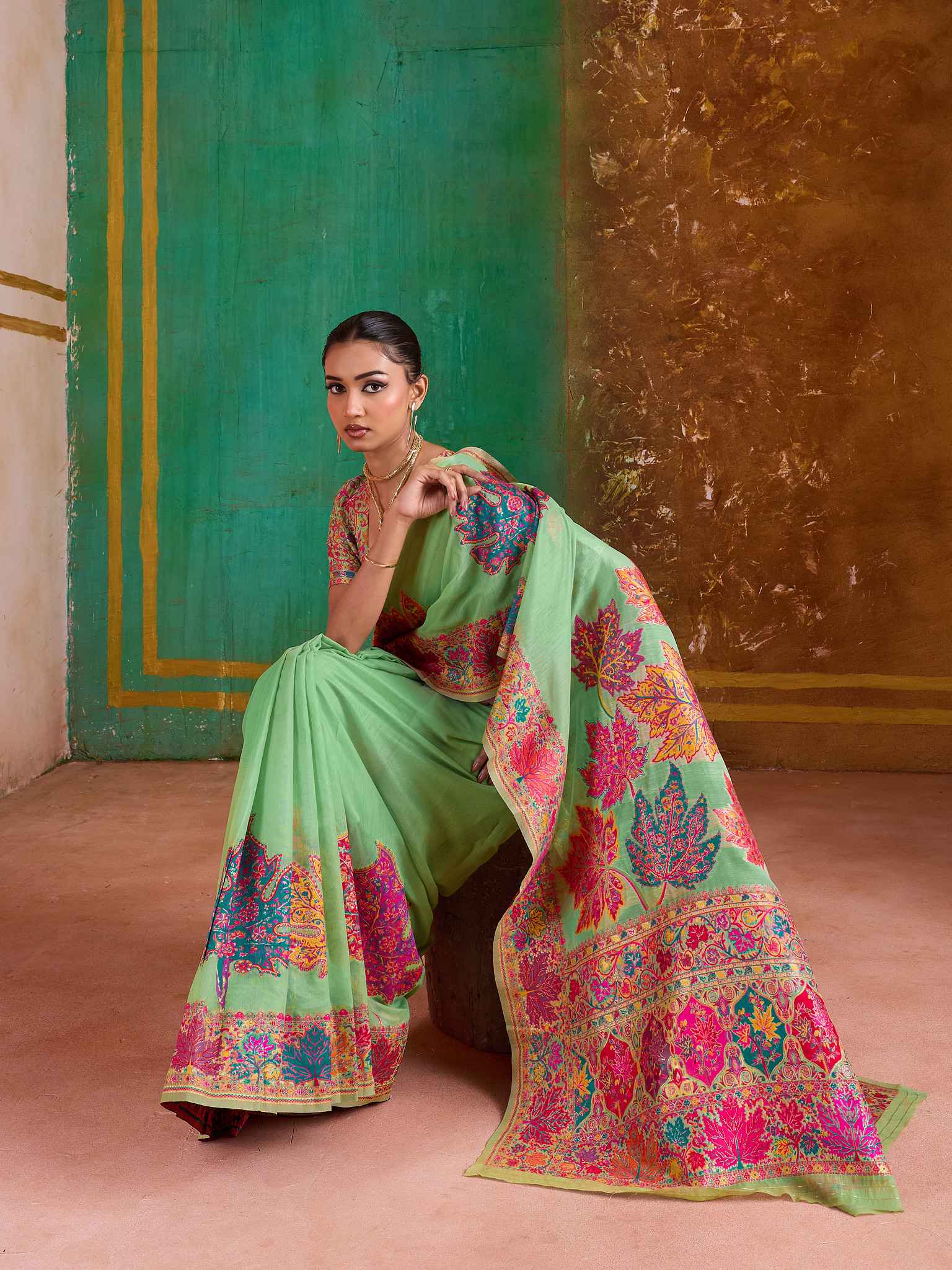 Green Pure Kashmiri Modal Cotton Pashmina Weaving Saree