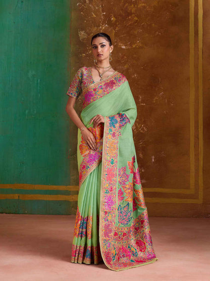 Green Pure Kashmiri Modal Cotton Pashmina Weaving Saree Kashmiri Pashmina Saree Anant Tex Exports Pvt.Ltd..
