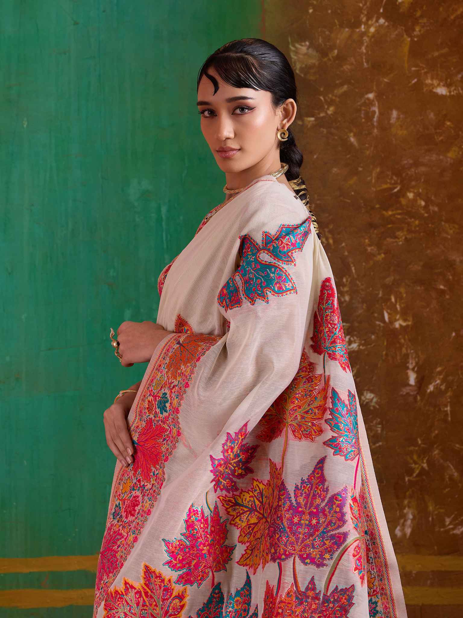 Off White Pure Kashmiri  Modal Cotton Pashmina Weaving Saree Kashmiri Pashmina Saree Anant Tex Exports Pvt.Ltd..
