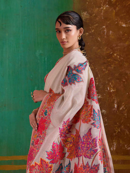Off White Pure Kashmiri  Modal Cotton Pashmina Weaving Saree Kashmiri Pashmina Saree Anant Tex Exports Pvt.Ltd..