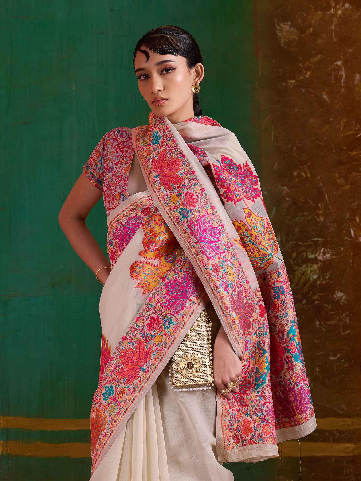 Off White Pure Kashmiri  Modal Cotton Pashmina Weaving Saree Kashmiri Pashmina Saree Anant Tex Exports Pvt.Ltd..