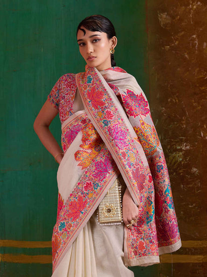 Off White Pure Kashmiri  Modal Cotton Pashmina Weaving Saree Kashmiri Pashmina Saree Anant Tex Exports Pvt.Ltd..