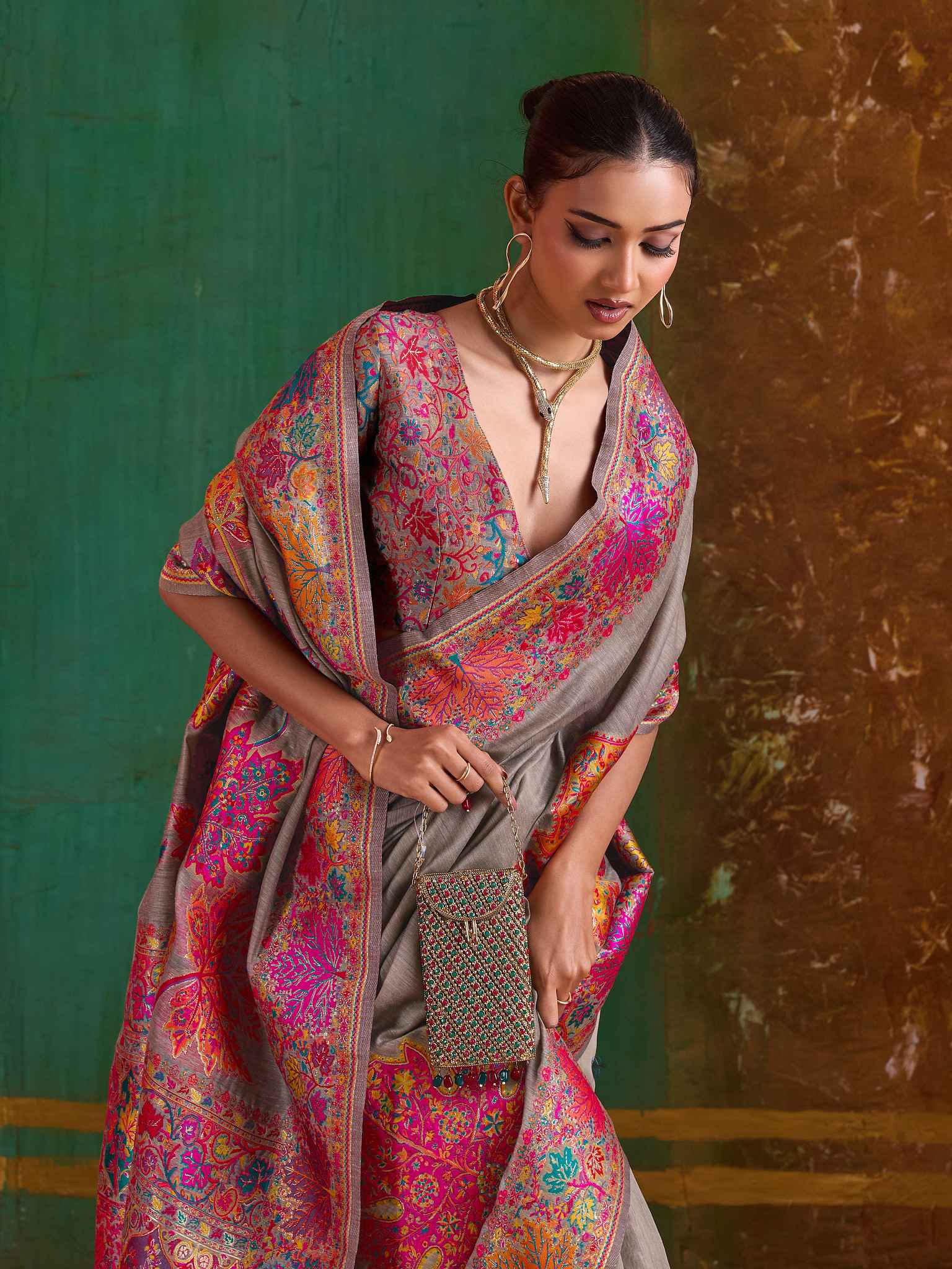 Beige Pure Kashmiri Modal Cotton Pashmina Weaving Saree Kashmiri Pashmina Saree Anant Tex Exports Pvt.Ltd..