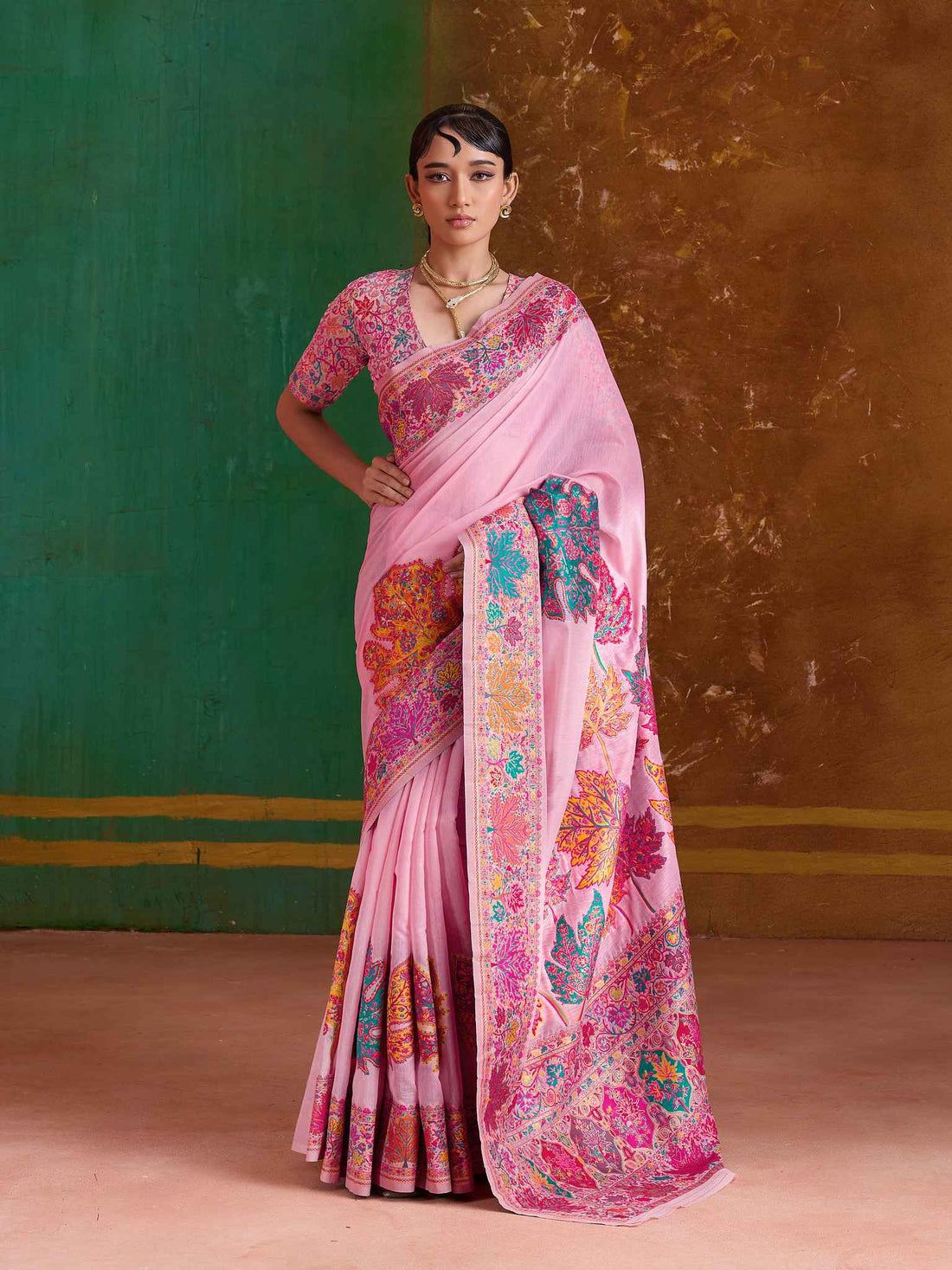 Pink Pure Kashmiri Modal Cotton Pashmina Weaving Saree Kashmiri Pashmina Saree Anant Tex Exports Pvt.Ltd..