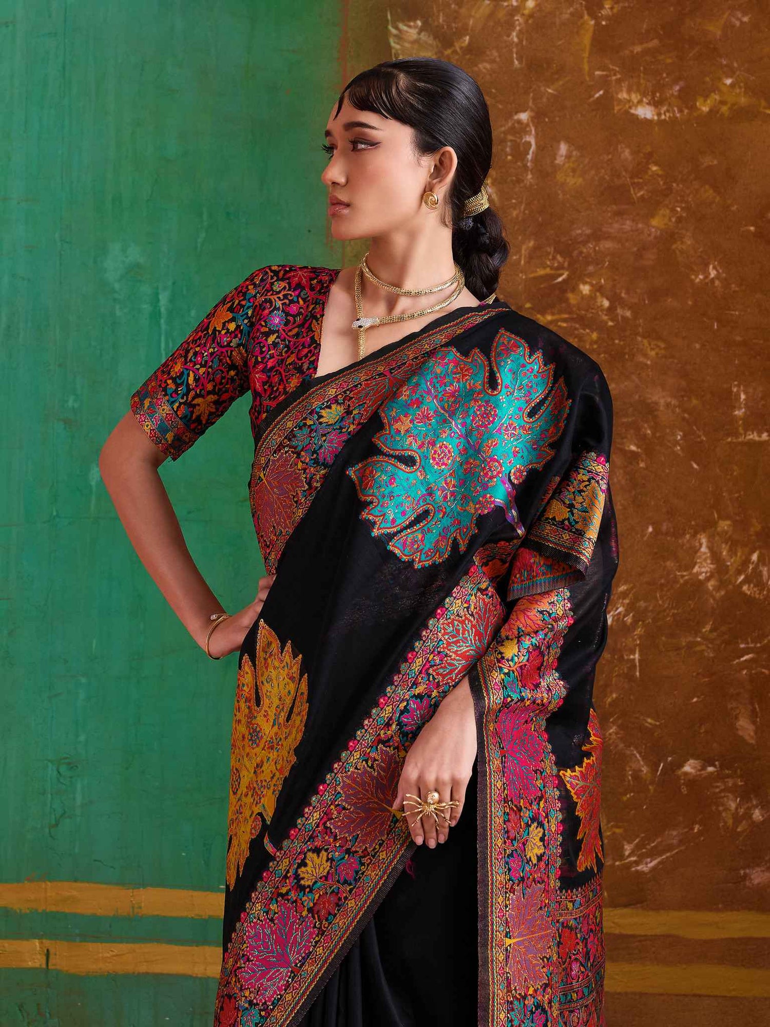 Black Pure Kashmiri Modal Cotton Pashmina Weaving Saree Kashmiri Pashmina Saree Anant Tex Exports Pvt.Ltd..