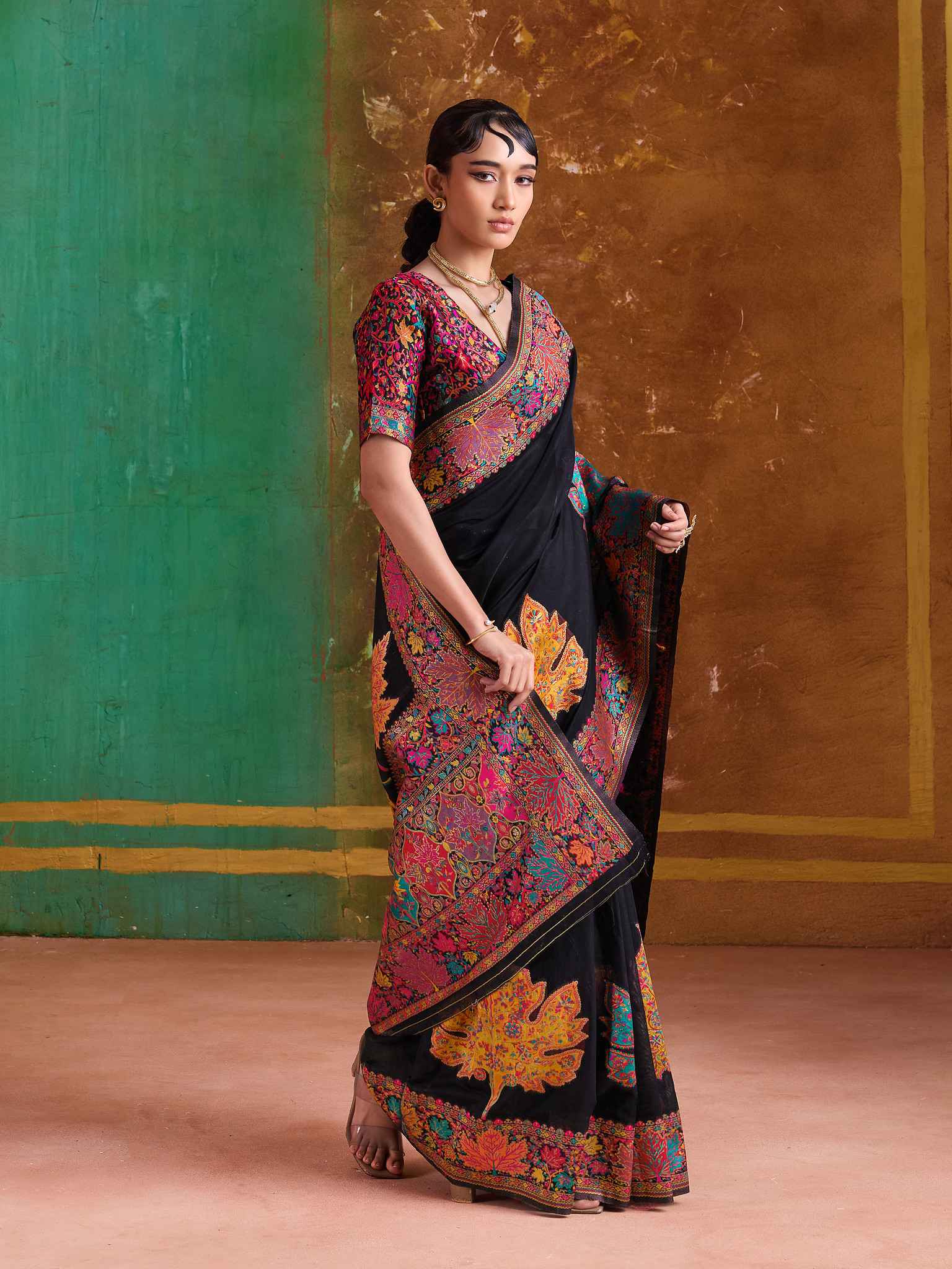 Black Pure Kashmiri Modal Cotton Pashmina Weaving Saree Kashmiri Pashmina Saree Anant Tex Exports Pvt.Ltd..