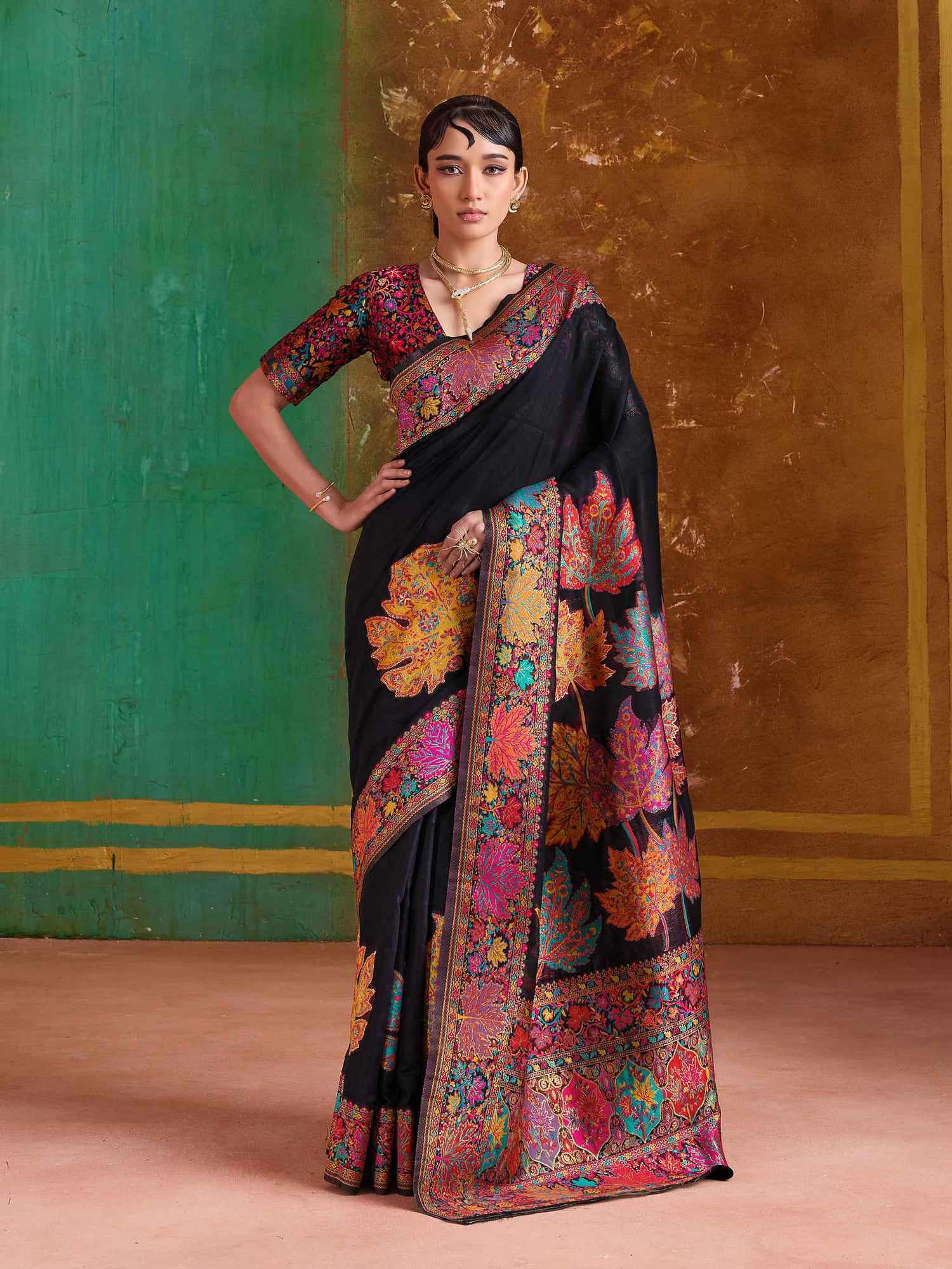 Black Pure Kashmiri Modal Cotton Pashmina Weaving Saree Kashmiri Pashmina Saree Anant Tex Exports Pvt.Ltd..
