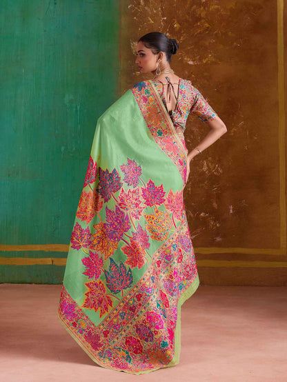 Green Pure Kashmiri Modal Cotton Pashmina Weaving Saree Kashmiri Pashmina Saree Anant Tex Exports Pvt.Ltd..